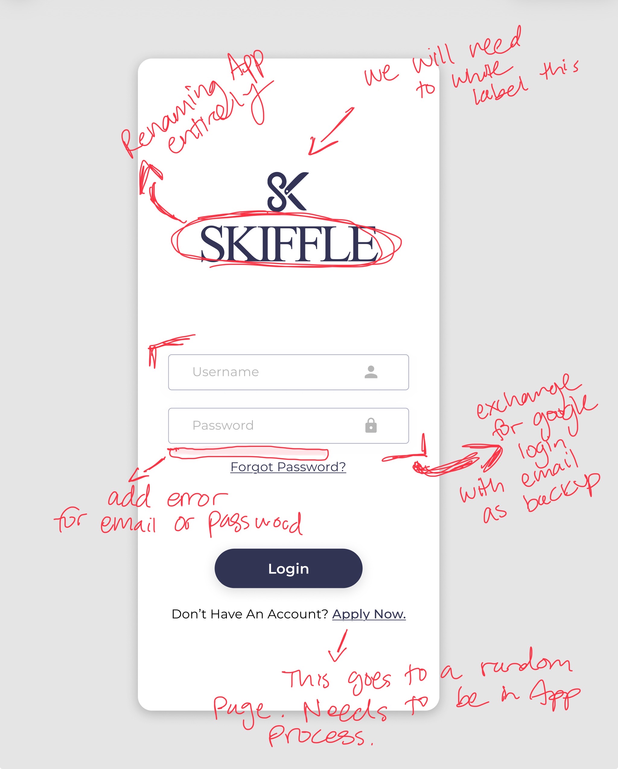 Handwritten critique of Skiffle login screen — notes to rename app, add Google SSO, fix error handling, address Apply Now destination