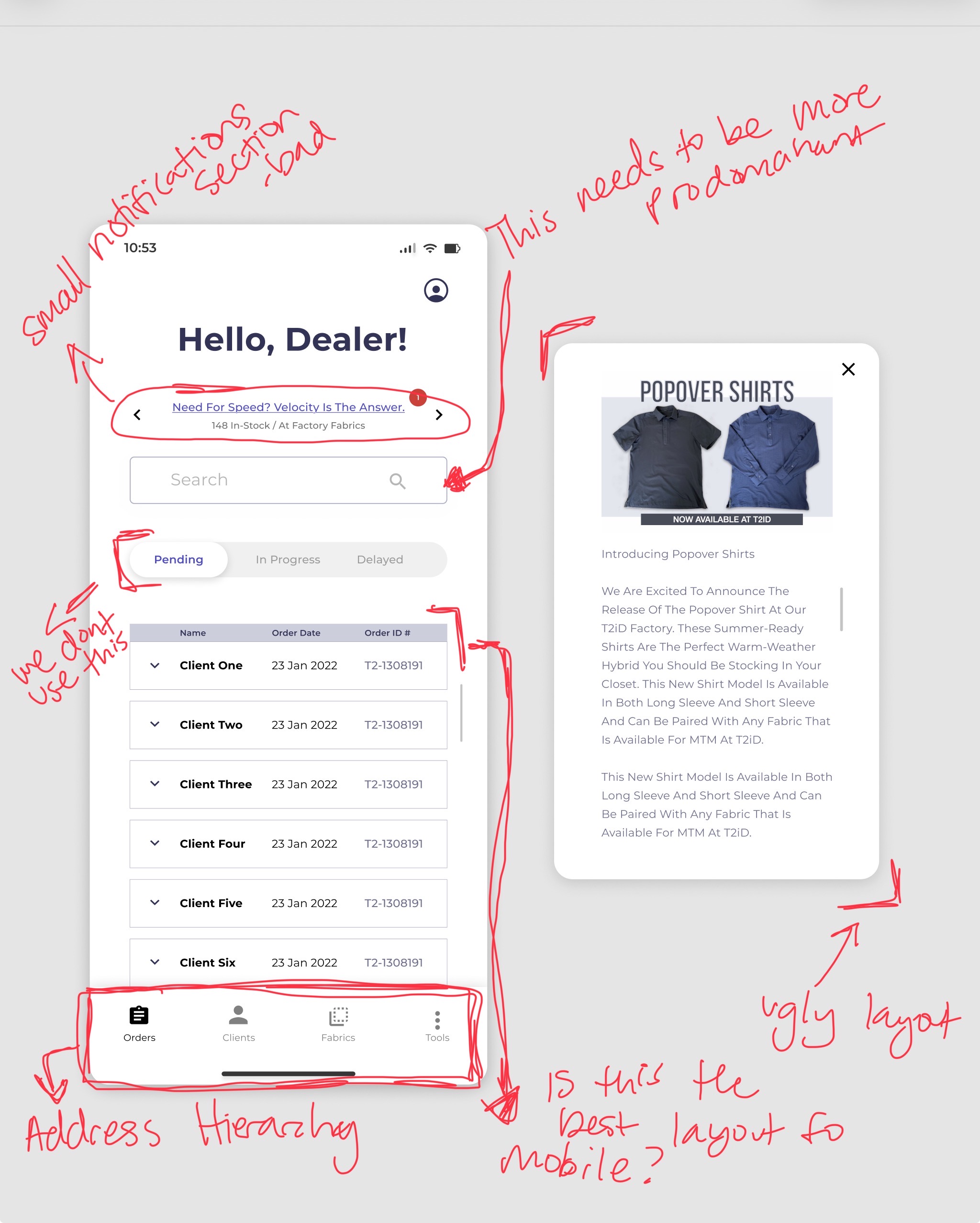 Handwritten critique of Skiffle dashboard — notes on notification section load, address hierarchy, layout questions for mobile