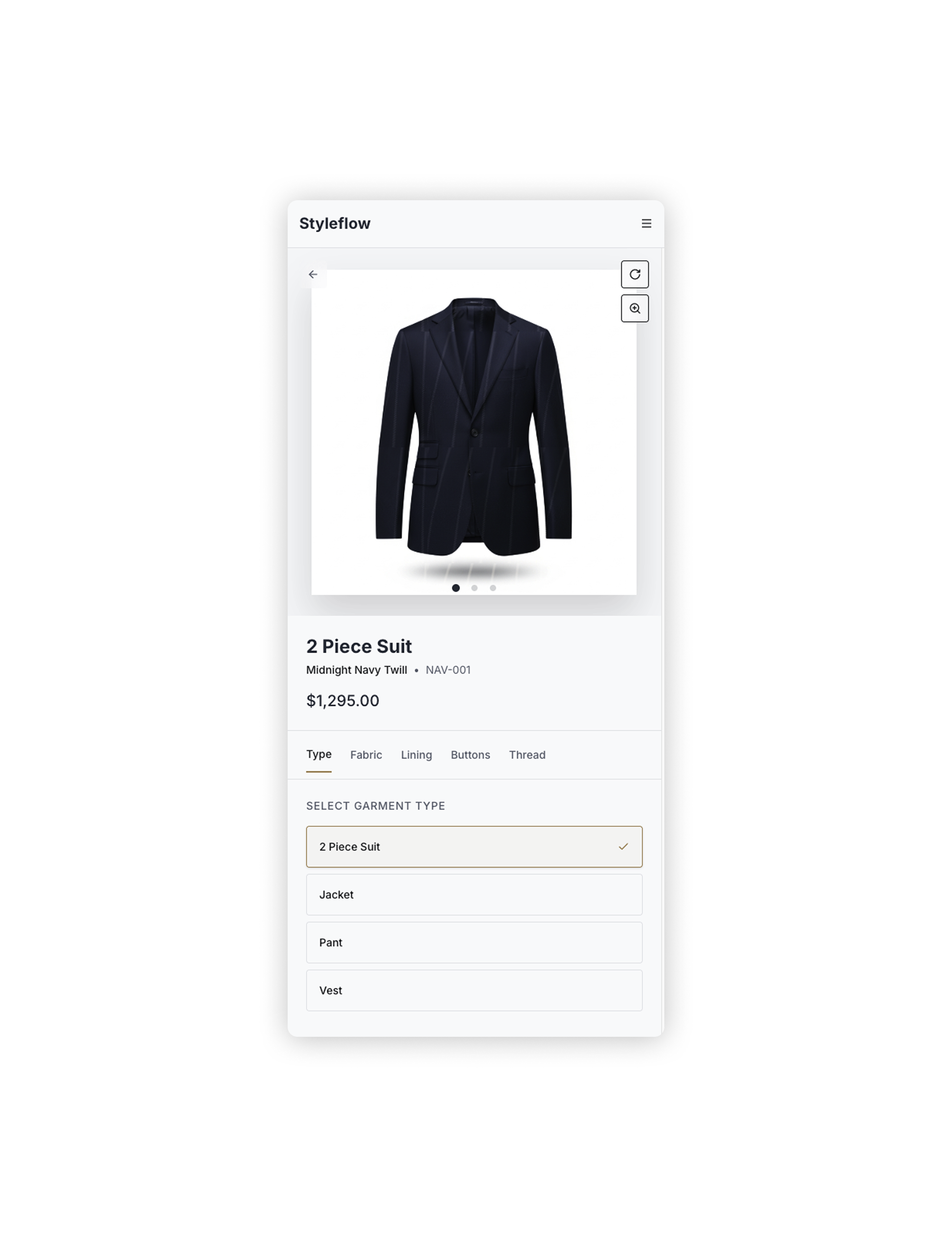 Styleflow on mobile — stacked layout with fabric swatch and material summary