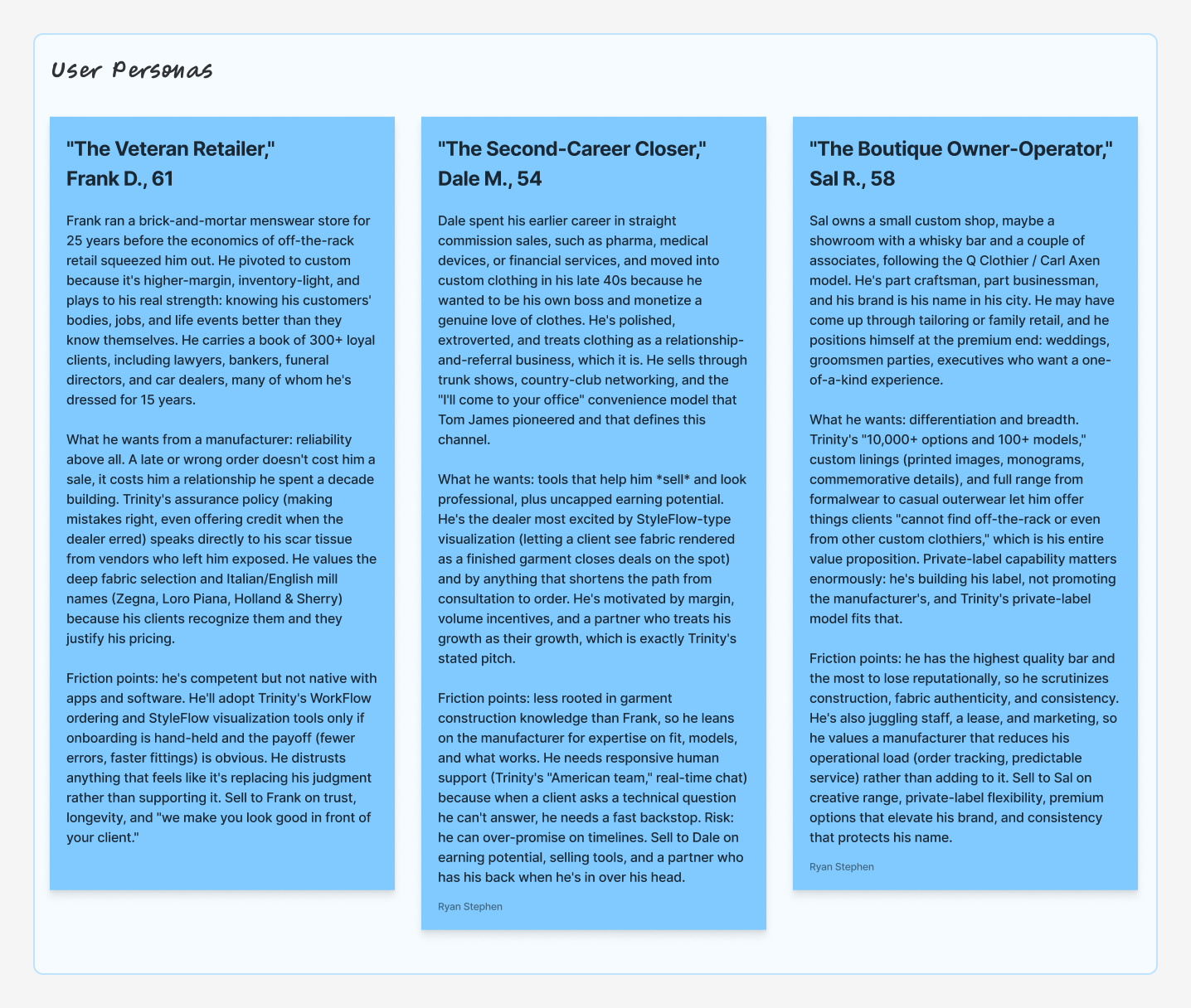 User personas from the Skiffle kickoff FigJam — field rep, senior dealer, and relationship-led rep
