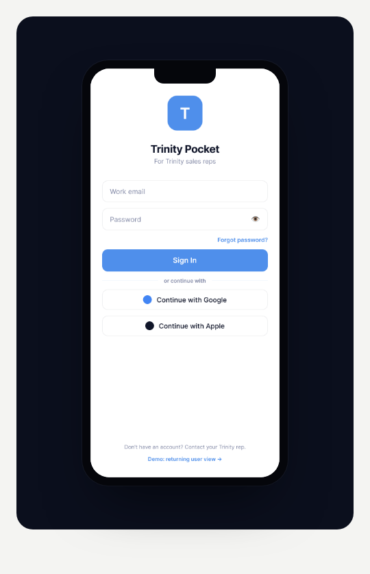 Trinity Pocket login screen — branded shield icon, email/password, Google and Apple SSO, biometric path